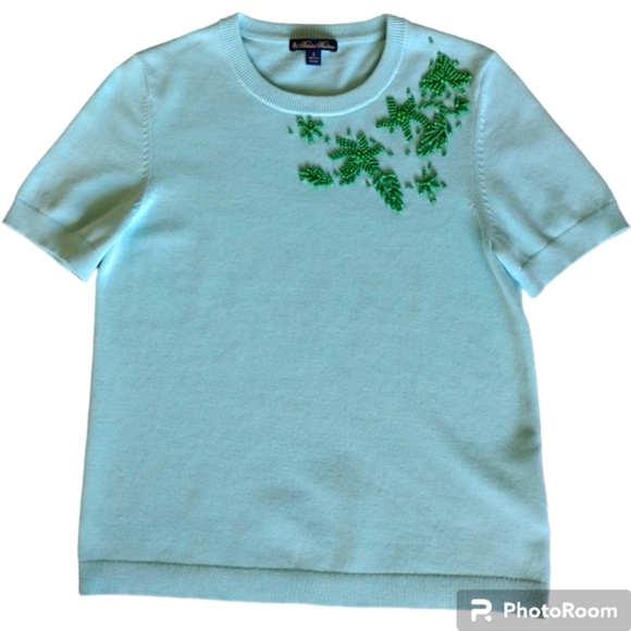 Brooks Brothers Short Sleeve Blue Green Aqua Beaded Knit Crew Neck Sweat… - Picture 7 of 15